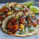 Close-up of Sriracha Shrimp Tacos with Mango Salsa featuring juicy shrimp and vibrant salsa.