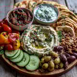 This Mediterranean Brunch Board features olive oil-drizzled flatbreads, briny olives, and colorful veggie strips arranged for easy sharing.