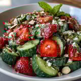 Crisp cucumber and juicy strawberries tossed with fresh mint in a light spring salad, perfect for a refreshing side dish.  
