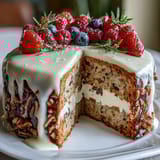 Bright and festive Spring Birthday Sheet Cake with lemon curd filling, topped with fresh berries and edible flowers.