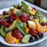 Colorful display of sliced mangoes, pineapples, and berries arranged for a refreshing and healthy appetizer.