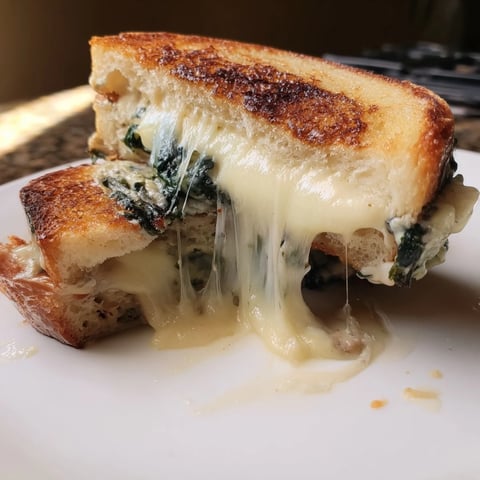 Golden, crispy sourdough encasing melted cheese with artichoke hearts and spinach in this rich Artichoke Spinach Grilled Cheese.  