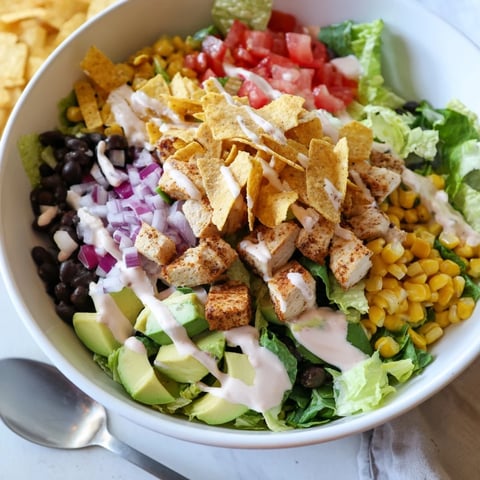 A vibrant Chicken Taco Chopped Salad with seasoned chicken, crisp lettuce, and creamy salsa ranch dressing in a bowl.