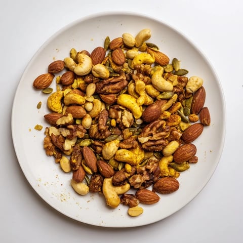 A bowl of freshly baked Spiced Nuts and Seeds Mix, featuring golden almonds, cashews, and walnuts coated in aromatic turmeric and cinnamon.