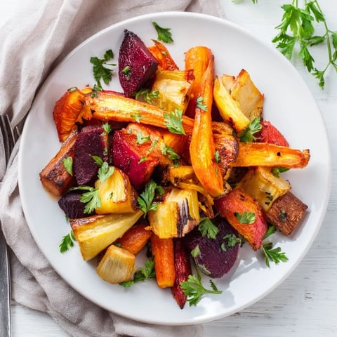 Roasted root vegetable medley with carrots, parsnips, and beets glistening with olive oil and herbs on a baking sheet.