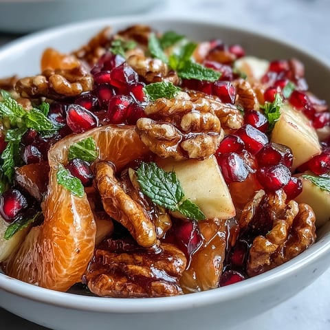 Bright red pomegranate seeds and chopped walnuts garnish this vibrant winter Pomegranate and Walnut Salad, served with fresh orange segments and diced apple.  