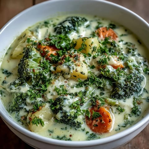 Creamy Vegetable Soup in a rustic white bowl, garnished with fresh parsley and a swirl of cream.
