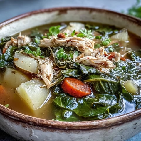 Steamy bowl of Collard Greens, Chicken and Vegetable Soup garnished with fresh herbs.