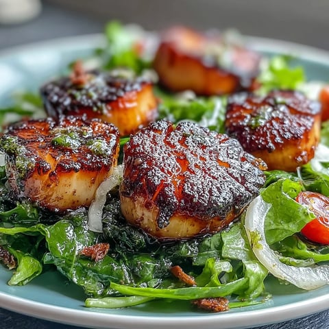 Golden seared scallops rest on a vibrant escarole salad with cherry tomatoes and shaved Parmesan, drizzled with pesto vinaigrette.