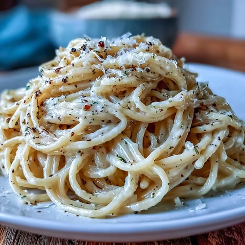 Steaming strands of spaghetti in Cacio e Pepe glisten with Pecorino Romano, topped with extra cracked black pepper.