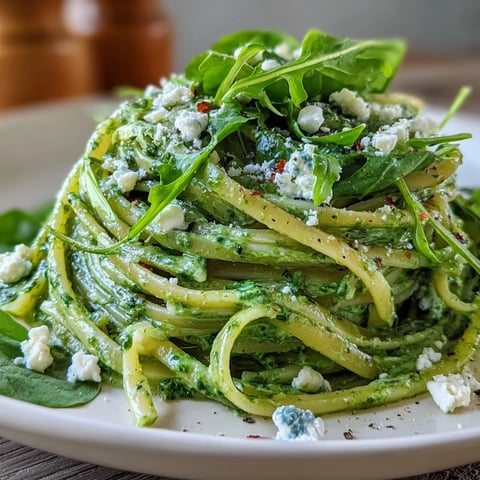 Freshly tossed Linguine with Arugula Pesto garnished with extra greens and Parmesan.