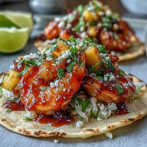 Warm tortillas loaded with spicy Sriracha Shrimp Tacos with Mango Salsa and crunchy red cabbage.