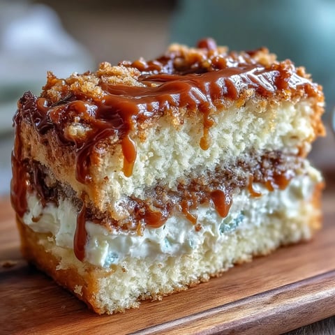 A close-up of a warm slice of Caramel Cream Cheese Bread, revealing the moist, golden crumb and a decadent swirl of cream cheese filling and caramel ribbon.