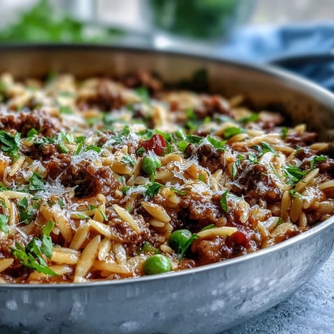 A bubbling skillet of Comforting Ground Beef Orzo Dinner with sweet bell peppers and fresh parsley garnish.