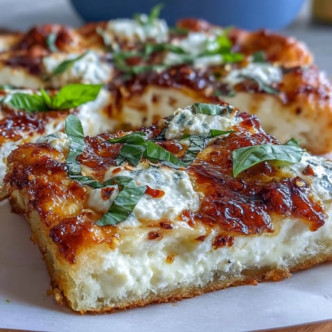 Golden-brown Hot Honey Ricotta Pizza with bubbling mozzarella and fresh basil garnish on a rustic wooden board.  