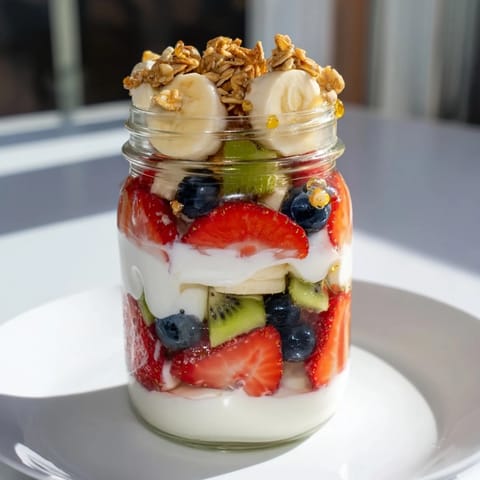 A beautiful view of a Layered Yogurt Fruit Parfait, showing a creamy, layered treat with granola.