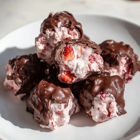Sweet chocolate coating glistens around frozen, vibrant Strawberry Yogurt Clusters, ready to satisfy any sweet tooth.