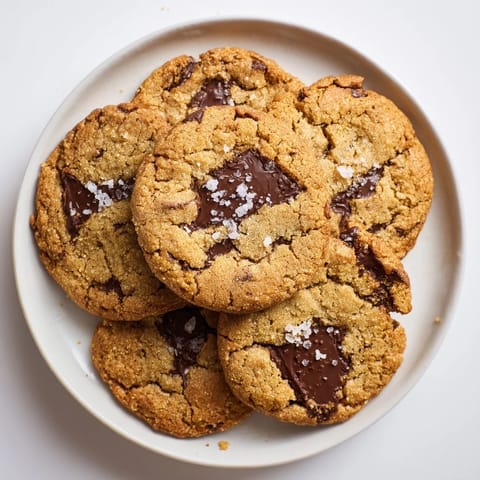A close-up of chewy Miso Brown Butter Cookies, studded with dark chocolate chips, ready to eat.