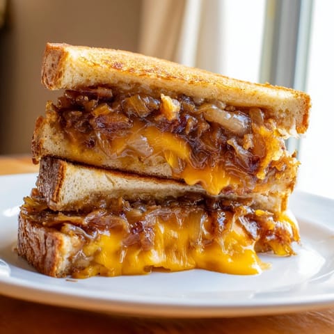 This satisfyingly cheesy Bacon Jam Grilled Cheese features savory bacon bits and caramelized onions inside.