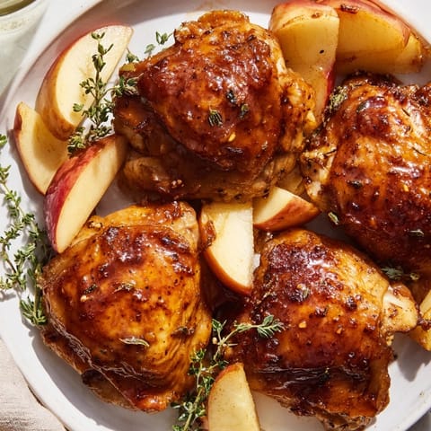 Succulent, tender Sticky Maple Apple Chicken, beautifully glazed, served with tender apples; a comforting dinner.