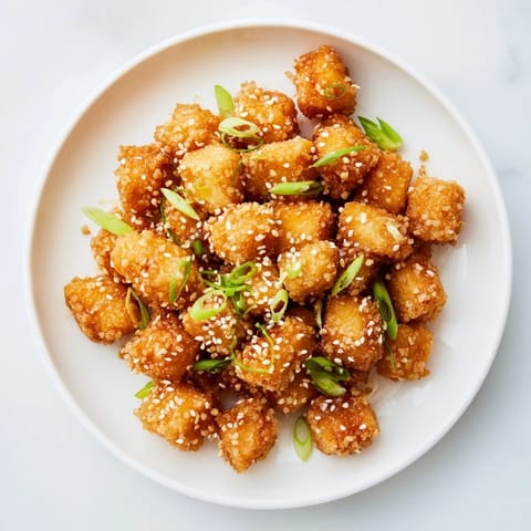 Tempting view of air-fried Honey Sriracha Tofu Nuggets, coated in a glistening, flavorful glaze.