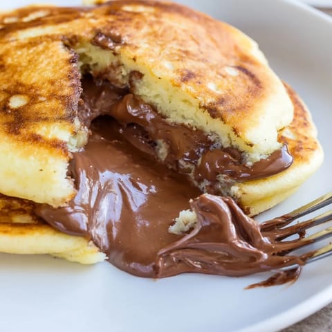 A golden, fluffy pancake broken open to reveal a molten Nutella center on a rustic breakfast plate.