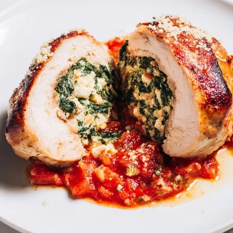Bubbling Italian tomato sauce covers tender, cheese-stuffed chicken breasts, ready to serve over pasta or crusty bread.