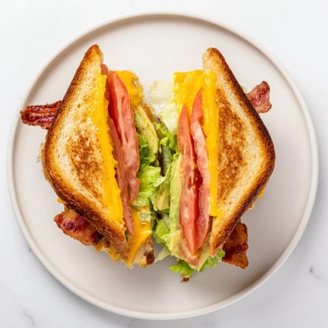 A close-up of an Avocado BLT Grilled Cheese in a skillet, featuring buttery sourdough bread toasted to perfection and gooey cheddar melting over the ingredients.