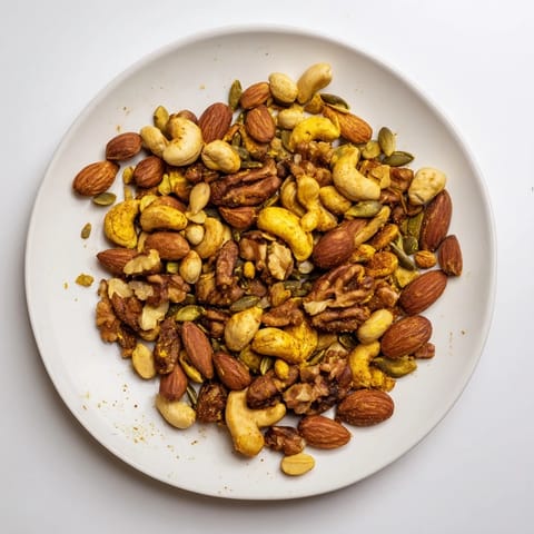 A bowl of freshly baked Spiced Nuts and Seeds Mix, featuring golden almonds, cashews, and walnuts coated in aromatic turmeric and cinnamon.