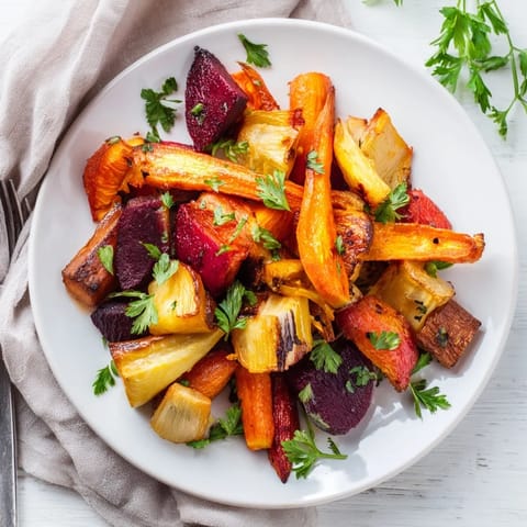 Roasted root vegetable medley with carrots, parsnips, and beets glistening with olive oil and herbs on a baking sheet.