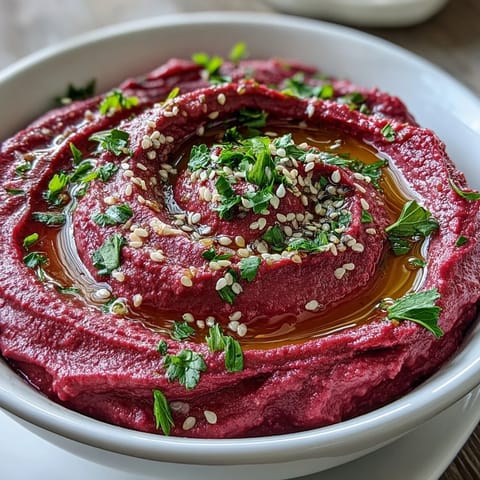 Creamy Roasted Beet Hummus dip served with pita chips and fresh vegetable sticks.  