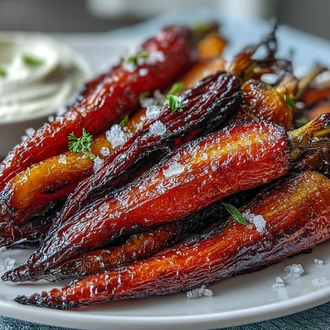 Oven-roasted rainbow carrots with creamy hummus, a colorful appetizer visually appealing.