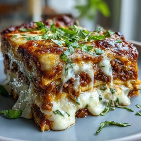 Hearty slice of One-Pan Smoky Veggie Lentil Lasagne with red lentil bolognese layers and creamy ricotta, plated with a simple green salad.