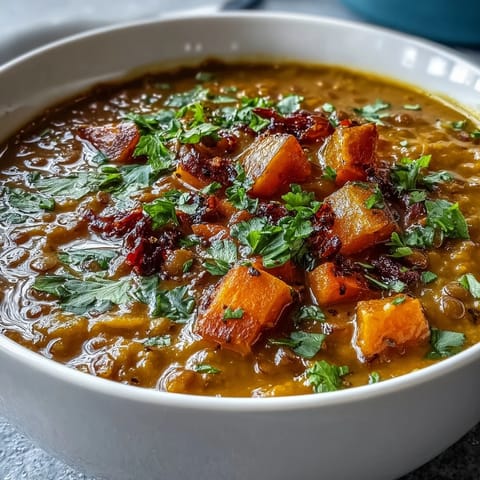 Hearty butternut squash and lentil soup served beside warm naan bread for dipping on a cozy wooden table.
