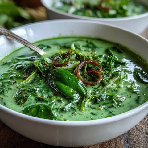 Creamy coconut Spinach Coriander Lemongrass Soup with fresh herbs and bright green spinach in a white bowl.