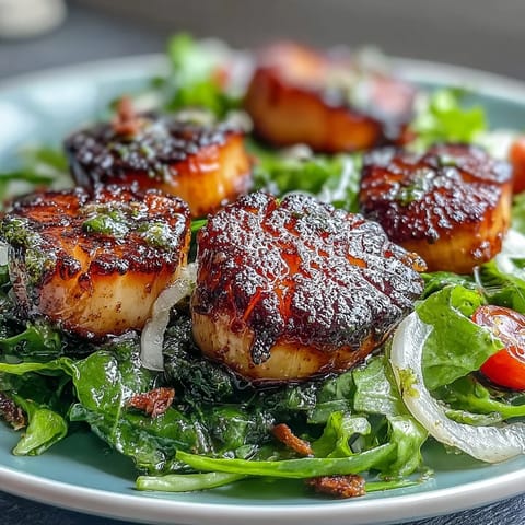 Golden seared scallops rest on a vibrant escarole salad with cherry tomatoes and shaved Parmesan, drizzled with pesto vinaigrette.