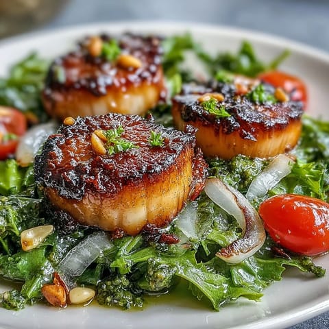 Plump scallops with a caramelized crust top a crisp escarole salad, finished with a bright green pesto dressing.
