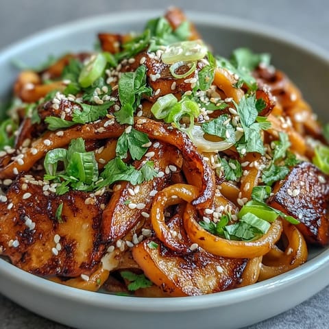 Freshly prepared Gochujang Swede Noodles garnished with cilantro and toasted sesame seeds.