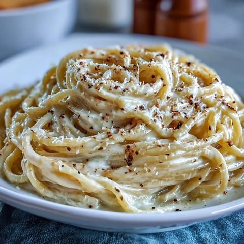 A skillet of freshly made Cacio e Pepe showcases the creamy, cheesy sauce clinging to every noodle.