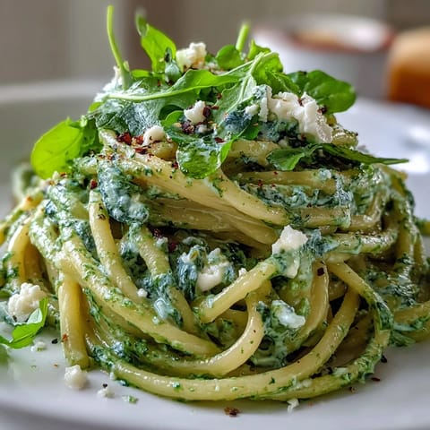 Savory Linguine with Arugula Pesto served in a bowl beside crisp salad greens.