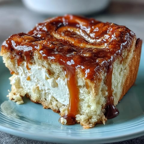 Freshly baked loaves of Caramel Cream Cheese Bread on a wire rack, with a glossy caramel drizzle topping the golden-brown crust and inviting crumbs on the board.