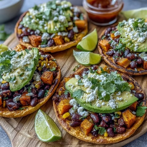 Vibrant vegetarian lunch features caramelized sweet potato cubes, warm black bean and corn mixture, fresh cilantro, and tangy feta on crunchy gluten-free tostadas.  