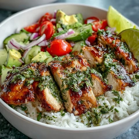 A close-up shows a vibrant Chimichurri Chicken Bowl topped with cherry tomatoes, red onion, and fresh cilantro garnish.