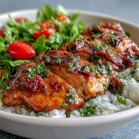 A close-up view of a Sun-Dried Tomato Chicken Bowl featuring sliced chicken, toasted pine nuts, and fresh greens served over steaming rice.