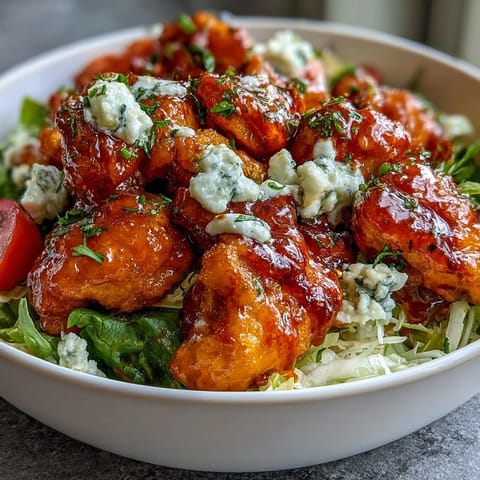 Tender buffalo chicken pieces glazed in a zesty red sauce top a bed of crisp romaine, carrots, and tomatoes in this vibrant Buffalo Chicken Bowl.