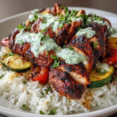 Brightly colored Blackened Chicken Bowl with fluffy rice, sautéed peppers, and a drizzle of lime crema.
