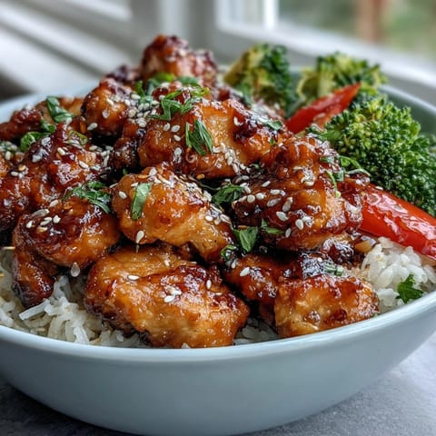 Honey Garlic Chicken Bowl with tender glazed chicken, fluffy rice, and crisp steamed broccoli in a glossy sauce.