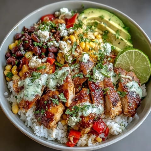 A hearty Cajun Chicken Bowl garnished with fresh avocado slices and chopped cilantro, ready to eat.
