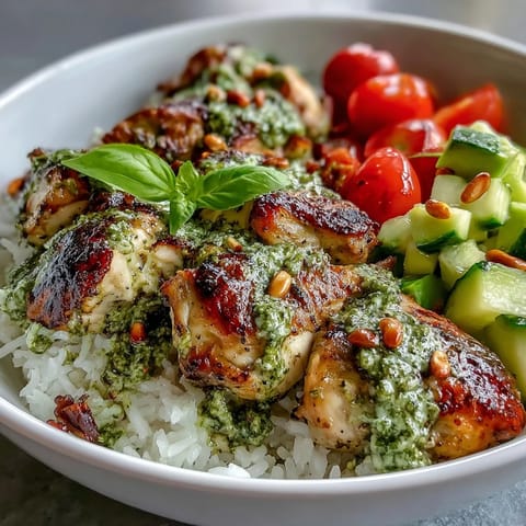 Savory Pesto Chicken Bowl garnished with fresh basil and pine nuts, served warm alongside crisp cucumber and red onion for a healthy lunch.