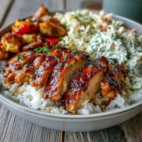 Golden BBQ-glazed chicken slices rest on fluffy rice with crisp coleslaw and roasted vegetables in a colorful bowl.